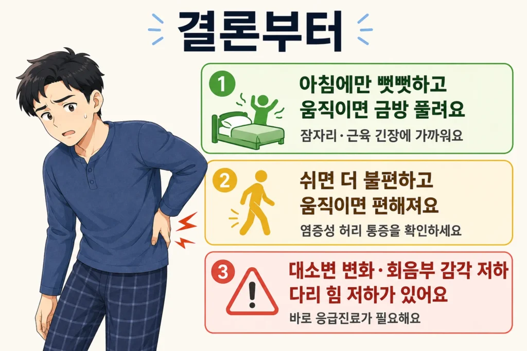 아침에만 허리가 뻣뻣하고 움직이면 풀리는 경우, 쉬면 더 불편하고 움직이면 편해지는 염증성 허리 통증, 대소변 변화·회음부 감각 저하·다리 힘 저하가 있을 때의 진료 기준을 정리한 인포그래픽