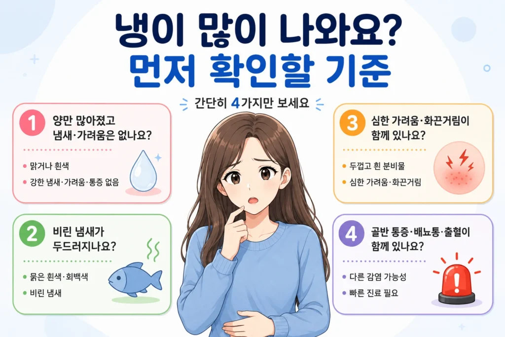 냉이 많이 나올 때 분비물의 색과 냄새, 가려움·화끈거림, 골반 통증·배뇨통·출혈 여부를 대표캐릭터와 함께 확인하는 인포그래픽