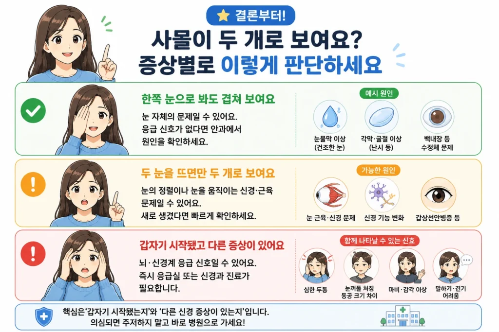 사물이 두 개로 보일 때 한쪽 눈으로 봐도 겹쳐 보이는 경우, 두 눈을 뜰 때만 두 개로 보이는 경우, 갑작스러운 복시와 신경 증상이 함께 있는 경우를 구분해 보여주는 결론부터 인포그래픽