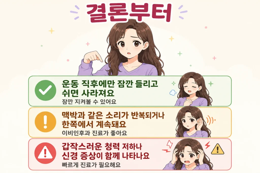 귀에서 심장 뛰는 소리가 들릴 때 운동 후 잠깐 들리고 사라지는 경우, 맥박과 같은 소리가 반복되거나 한쪽에서 계속되는 경우, 갑작스러운 청력 저하나 신경 증상이 함께 나타나는 경우를 구분한 결론부터 안내 이미지