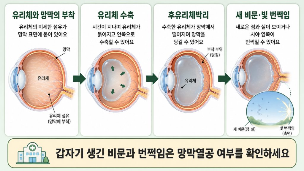 유리체가 망막에서 분리되면서 새로운 비문증과 빛 번쩍임이 나타나는 후유리체박리 과정을 설명한 일러스트