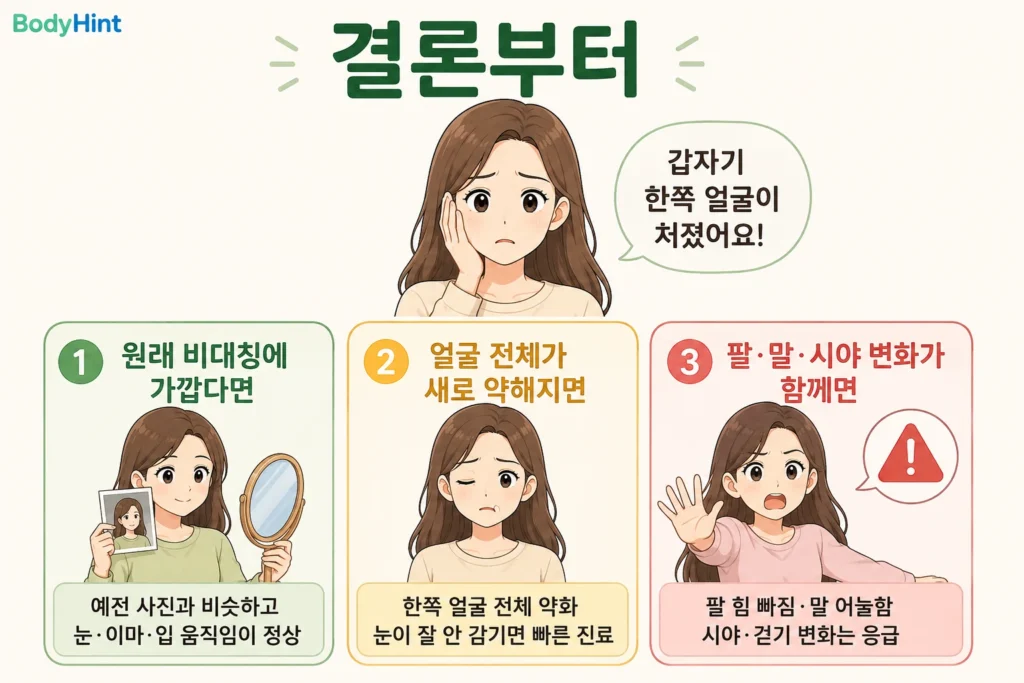 한쪽 얼굴이 갑자기 처졌을 때 예전부터 비슷한 얼굴 비대칭인지, 한쪽 얼굴 전체가 새로 약해지고 눈이 잘 감기지 않는지, 팔 힘 빠짐·말하기·시야·걷기 변화가 함께 있는지를 대표캐릭터와 함께 보여주는 결론부터 안내 이미지