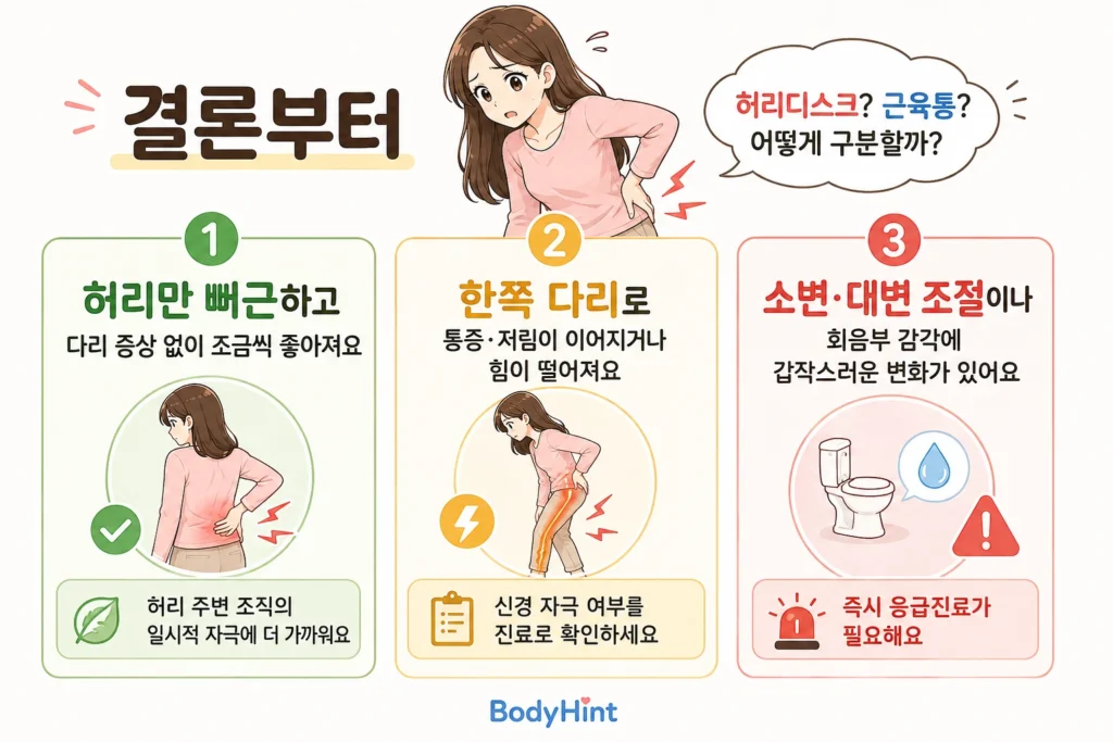 허리디스크와 근육통 차이를 구분하기 위해 통증이 허리에만 머무는지, 엉덩이에서 다리까지 통증·저림이 이어지는지, 다리·발 감각이 둔한지, 다리·발 힘이 떨어졌는지, 소변·대변이나 회음부 감각 변화가 있는지를 대표캐릭터와 함께 보여주는 먼저 확인할 기준 이미지