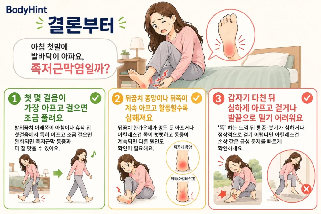 아침 첫발에 발바닥이 아플 때 첫 몇 걸음에서 가장 아프고 조금 걸으면 풀리는 경우, 뒤꿈치 중앙이나 뒤쪽 통증이 계속되는 경우, 갑작스러운 손상 뒤 심한 통증과 보행 어려움이 있는 경우를 긴 갈색 머리 여성 대표캐릭터와 함께 보여주는 결론부터 안내 이미지