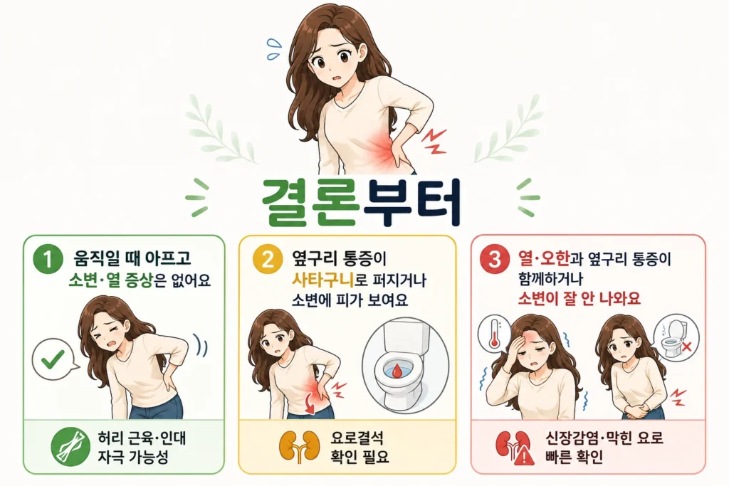 허리 한쪽이 아플 때 움직일 때만 아프고 소변·열 증상은 없는 경우, 옆구리 통증이 사타구니로 퍼지거나 소변에 피가 보이는 경우, 열·오한과 옆구리 통증이 함께하거나 소변이 잘 나오지 않는 경우를 긴 갈색 머리 여성 대표캐릭터와 함께 보여주는 결론부터 안내 이미지
