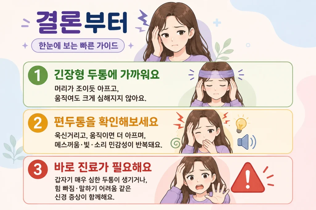 긴장형 두통에 가까운 조이는 통증, 움직이면 더 아프고 메스꺼움·빛·소리 민감성이 반복되는 편두통 양상, 갑작스러운 심한 두통이나 신경 증상으로 바로 진료가 필요한 상황을 긴 갈색 머리 여성 대표캐릭터와 함께 보여주는 결론부터 이미지