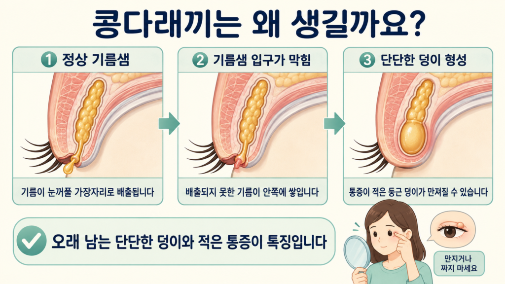 눈꺼풀 마이봄샘 입구가 막혀 기름 성분이 쌓이고 통증이 적은 단단한 콩다래끼가 만들어지는 과정을 설명한 일러스트