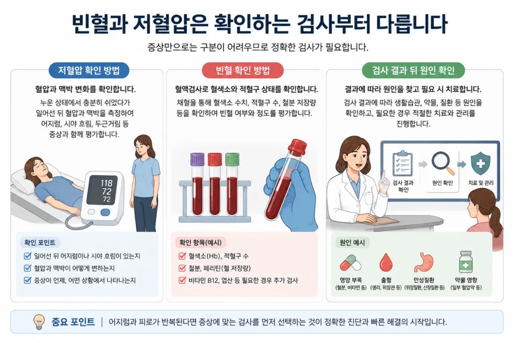 저혈압은 누운 상태와 일어선 뒤 혈압과 맥박 변화를 확인하고, 빈혈은 혈액검사로 혈색소와 적혈구 상태를 확인한 뒤 원인을 찾는 과정을 설명한 이미지