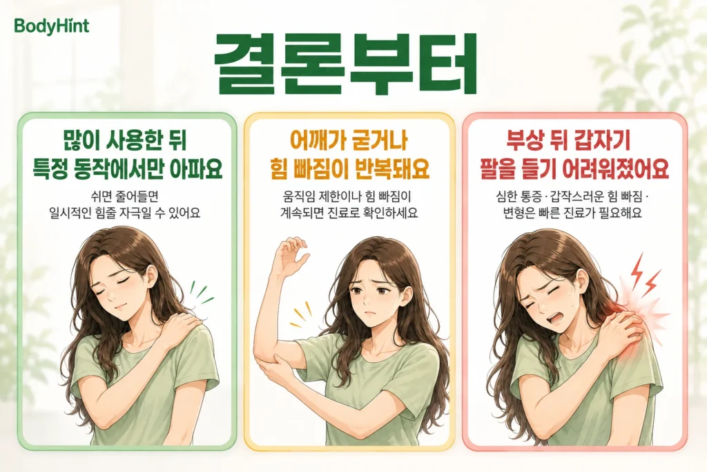 팔을 들 때 어깨 통증의 결론을 초록·노랑·빨강 세 가지 상황으로 나누어, 과사용 뒤 특정 동작에서만 아픈 경우부터 어깨가 굳거나 힘 빠짐이 반복되는 경우, 부상 뒤 갑자기 팔을 들기 어려워진 경우까지 대표 여성 캐릭터로 보여주는 BodyHint 인포그래픽