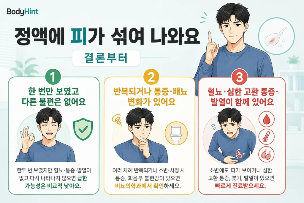정액에 피가 섞여 나올 때의 결론을 초록·노랑·빨강 세 가지 상황으로 나누어, 한 번만 보이고 다른 불편이 없는 경우부터 반복되거나 통증·배뇨 변화가 있는 경우, 혈뇨·심한 고환 통증·발열이 함께하는 빠른 진료 상황까지 대표 남성 캐릭터로 보여주는 BodyHint 인포그래픽