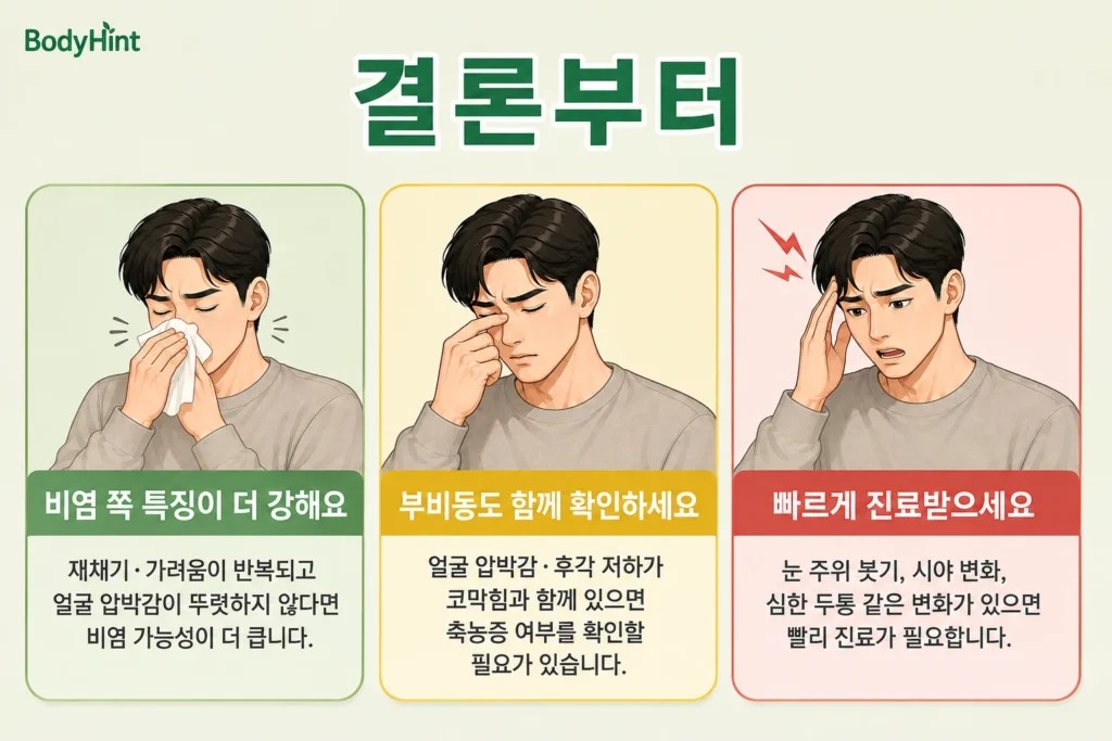비염과 축농증을 구분할 때 재채기·가려움, 얼굴 압박감·후각 저하, 눈 주위 붓기·시야 변화 등 상태에 따른 판단 기준을 남성 대표캐릭터와 초록·노랑·빨강 카드로 정리한 이미지