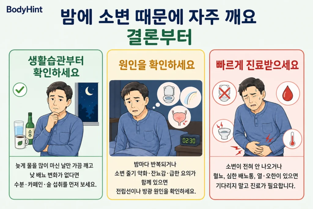 밤에 소변 때문에 자주 깰 때 생활습관 조절, 전립선·방광 원인 확인, 소변 정체·혈뇨·심한 배뇨통·발열 시 빠른 진료 기준을 중년 남성 대표캐릭터와 초록·노랑·빨강 카드로 정리한 이미지