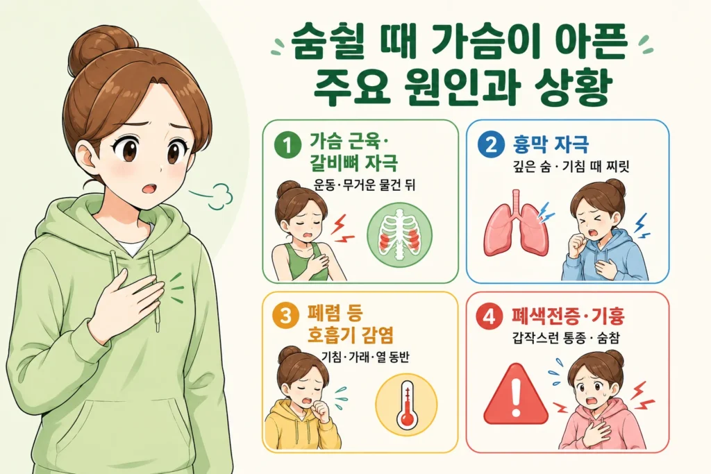 숨쉴 때 가슴이 아픈 주요 원인으로 가슴 근육·갈비뼈 자극, 흉막 자극, 폐렴 등 호흡기 감염, 폐색전증·기흉을 정리한 인포그래픽