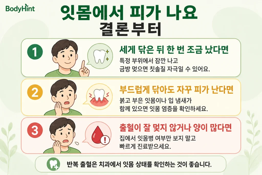 잇몸에서 피가 날 때 세게 닦은 뒤 일시적으로 난 경우, 부드럽게 닦아도 반복되는 출혈, 잘 멎지 않거나 양이 많은 출혈을 대표캐릭터와 초록·노랑·빨강 단계로 정리한 이미지