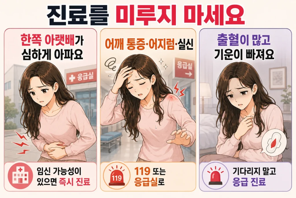 생리가 늦어진 상태에서 한쪽 아랫배의 심한 통증, 어깨 통증·어지럼·실신, 많은 출혈과 기운 빠짐이 나타나면 진료를 미루지 말아야 한다고 안내하는 대표 여성 캐릭터 3컷 이미지