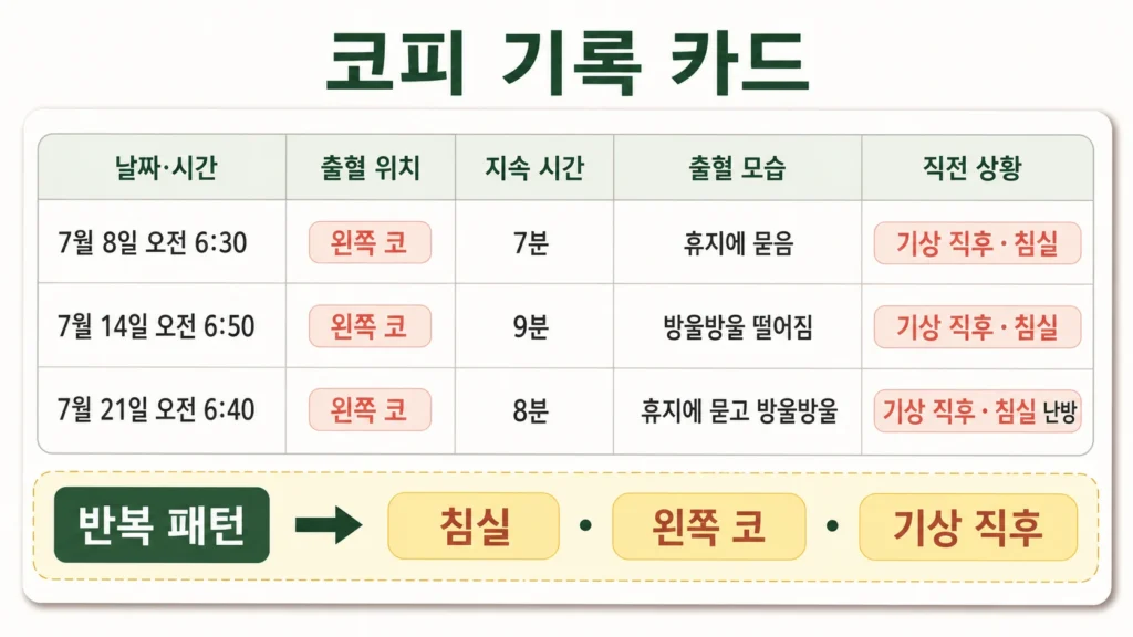 날짜·출혈 위치·지속 시간·출혈 모습·직전 상황이 작성된 코피 기록 카드 한 장을 보여주는 가로형 이미지