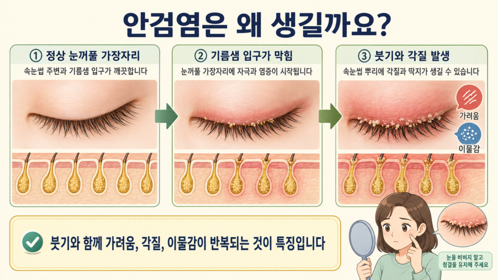 속눈썹 뿌리와 눈꺼풀 가장자리에 염증이 생겨 붓기, 붉어짐, 각질이 나타나는 안검염의 구조를 설명한 일러스트
