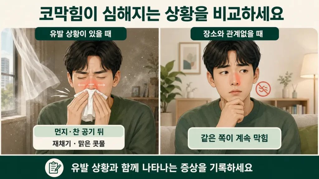 먼지·찬 공기에 노출됐을 때 심해지는 코막힘과 장소에 관계없이 같은 쪽이 막히는 상태 비교