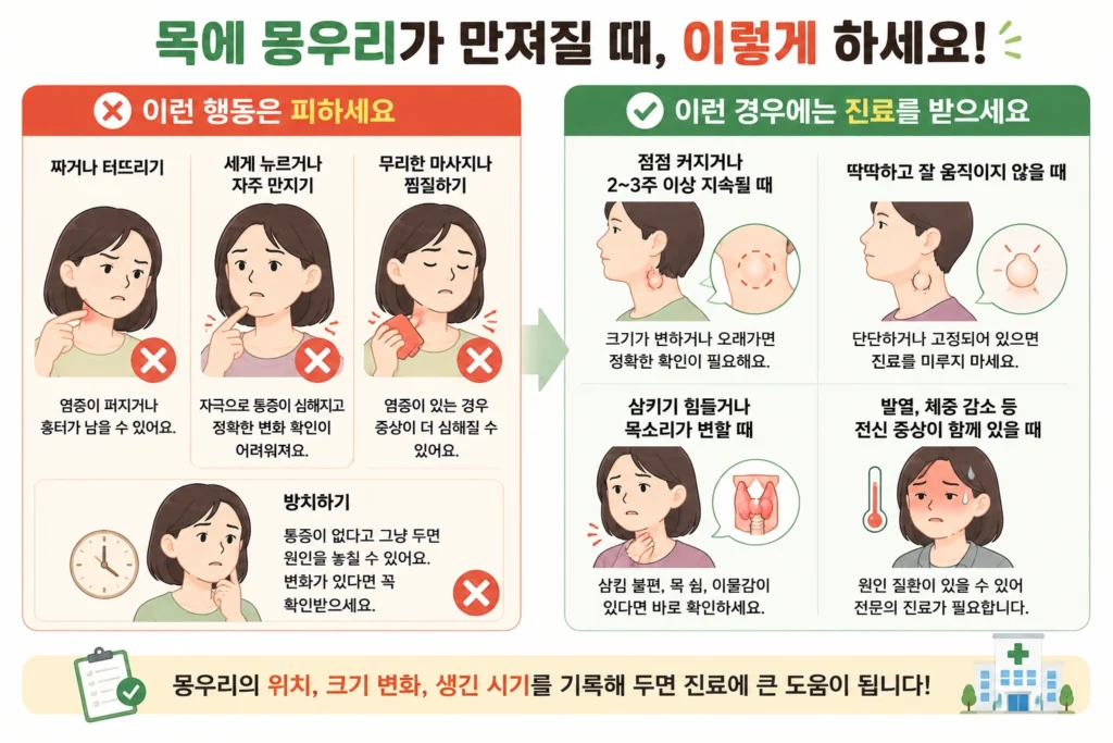 목 몽우리를 짜거나 반복해서 누르거나 무리하게 마사지하지 말고, 커지거나 딱딱하고 오래 지속되거나 삼킴 불편과 발열이 있으면 진료받도록 안내한 이미지
