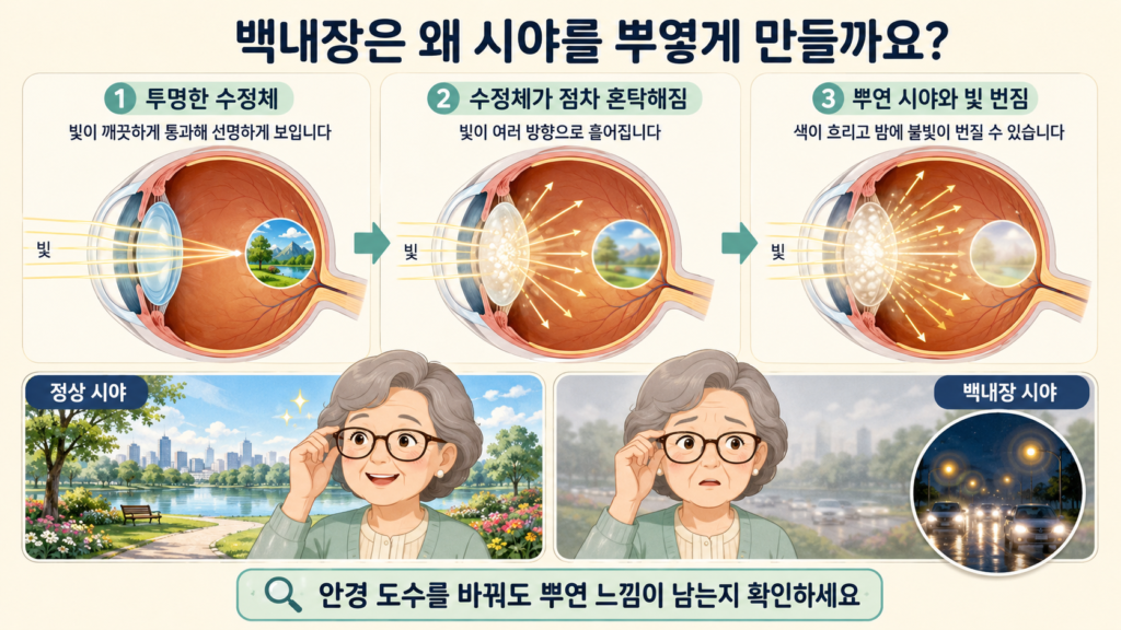 투명한 수정체가 점차 혼탁해지면서 빛이 제대로 통과하지 못해 시야가 뿌옇고 불빛이 번져 보이는 백내장의 원리를 설명한 일러스트