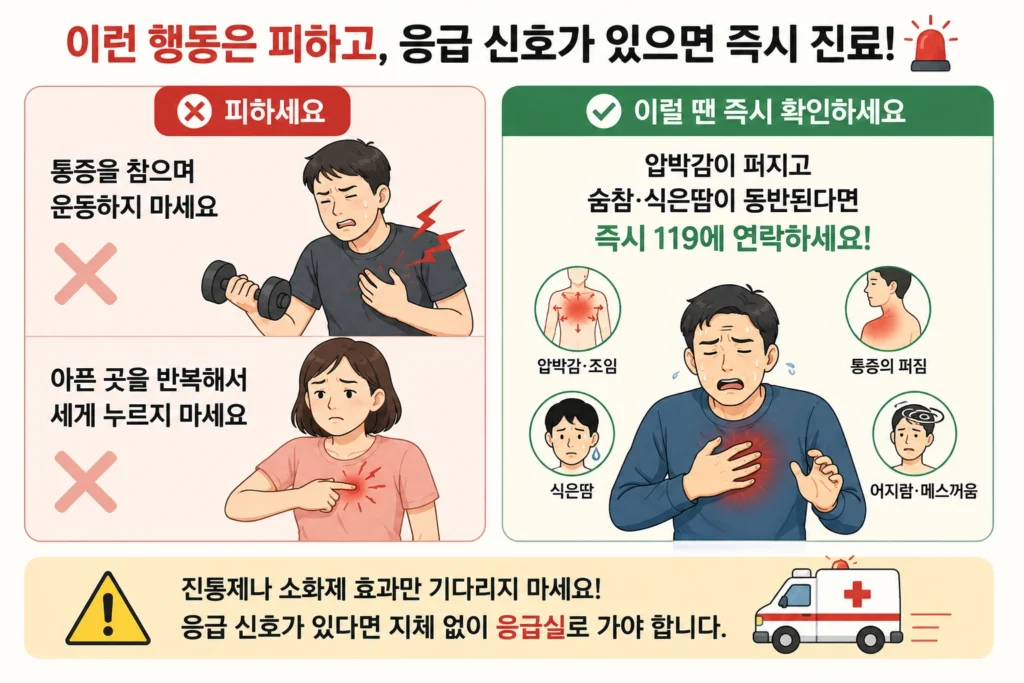 가슴 통증을 참으며 운동하거나 아픈 곳을 반복해서 누르지 말고, 압박감이 퍼지면서 숨참과 식은땀 또는 어지럼이 있으면 즉시 진료받도록 안내한 이미지