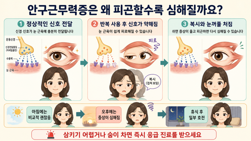 신경과 눈 근육 사이의 신호 전달이 약해져 피곤할수록 눈꺼풀이 처지고 양쪽 눈의 정렬이 달라져 복시가 나타나는 과정을 설명한 일러스트