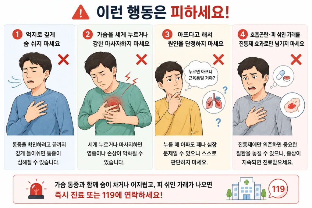 숨쉴 때 가슴 통증이 있을 때 억지로 깊게 숨 쉬거나 가슴을 세게 누르고 원인을 단정하거나 진통제에만 의존하지 말고, 호흡곤란이나 피 섞인 가래가 있으면 즉시 진료받도록 안내한 이미지