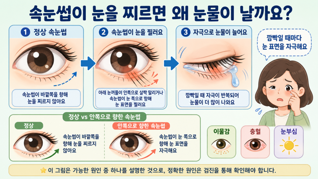 정상적으로 바깥을 향한 속눈썹과 안쪽으로 말려 눈 표면을 찌르는 속눈썹을 비교하고 자극으로 눈물이 늘어나는 과정을 쉽게 설명한 가로형 일러스트