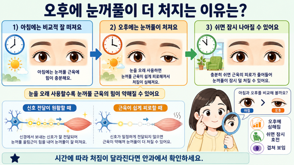 아침에는 눈꺼풀 높이가 비교적 정상이지만 오후에는 근육의 힘이 약해져 눈꺼풀이 처지는 변화를 쉽게 비교한 가로형 일러스트