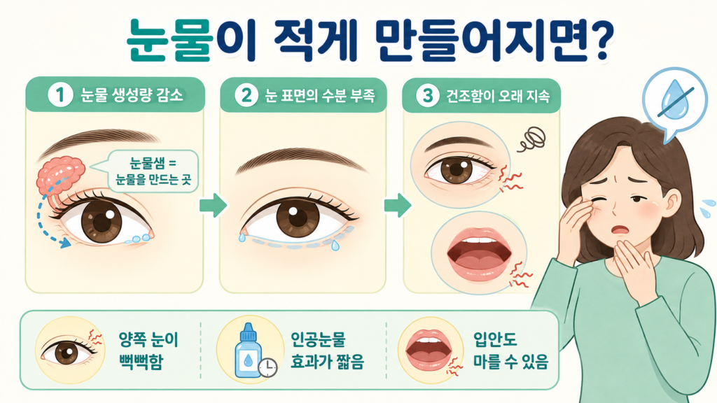 눈물 생성량이 줄어 눈 표면이 충분히 촉촉하게 유지되지 않는 과정을 초보자와 학생도 이해하기 쉽게 설명한 가로형 일러스트