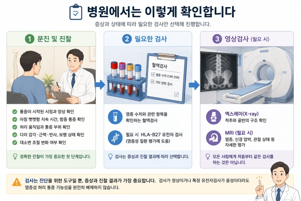아침 허리 통증을 병원에서 문진과 진찰, 필요한 혈액검사, 증상에 따른 엑스레이 또는 MRI 검사 순서로 확인하는 3단계 이미지