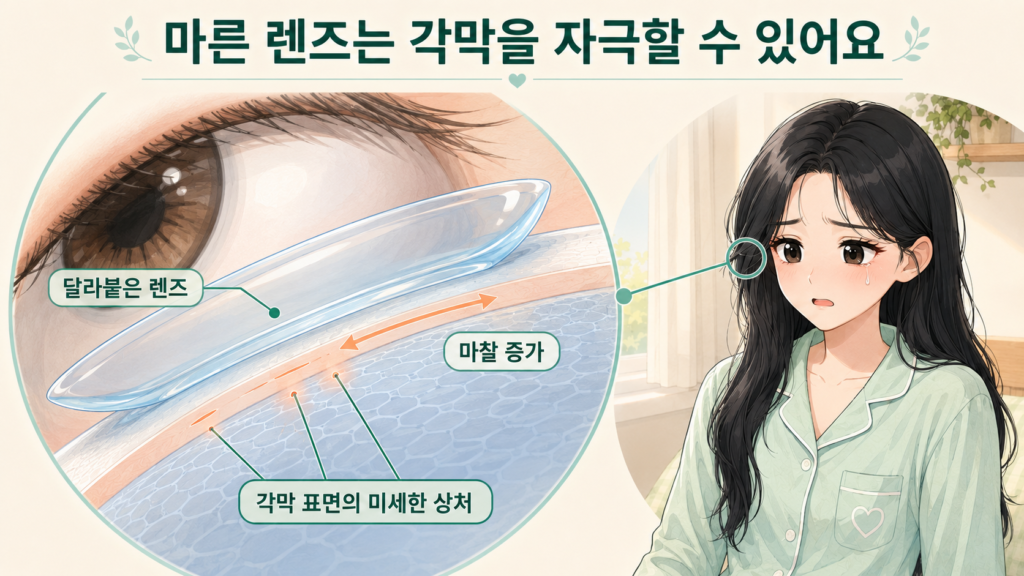 마른 렌즈가 각막 표면에 마찰을 일으켜 미세한 상처가 생기는 부위를 확대해 보여주는 가로형 일러스트
