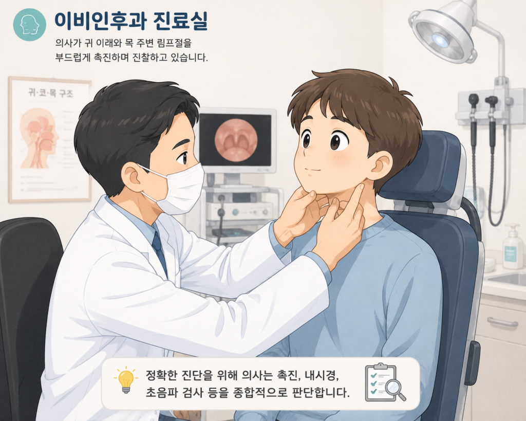 이비인후과에서 귀 아래와 목 주변을 진찰하는 의료 일러스트