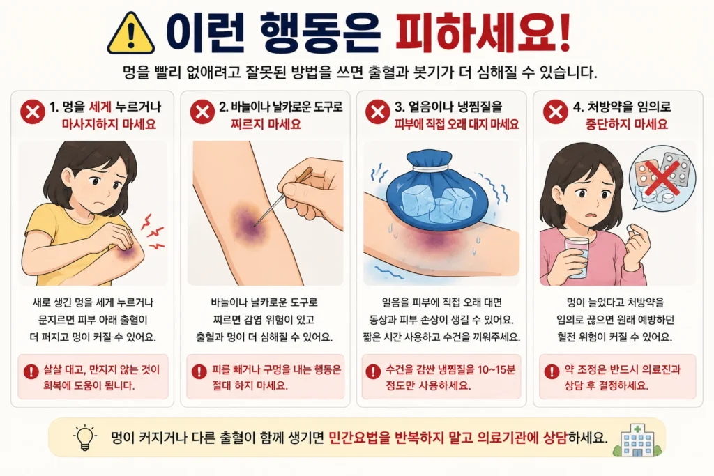 멍을 세게 누르거나 마사지하고, 바늘로 찌르며, 냉찜질을 피부에 직접 오래 대거나 처방약을 임의로 중단하는 행동을 피하도록 안내하는 이미지