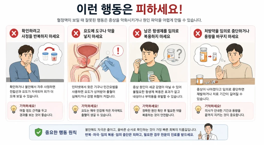 혈정액을 확인하려고 사정을 반복하거나 요도에 도구를 넣는 행동, 남은 항생제를 임의로 복용하거나 처방약을 임의로 중단하는 행동을 피하도록 안내하는 이미지