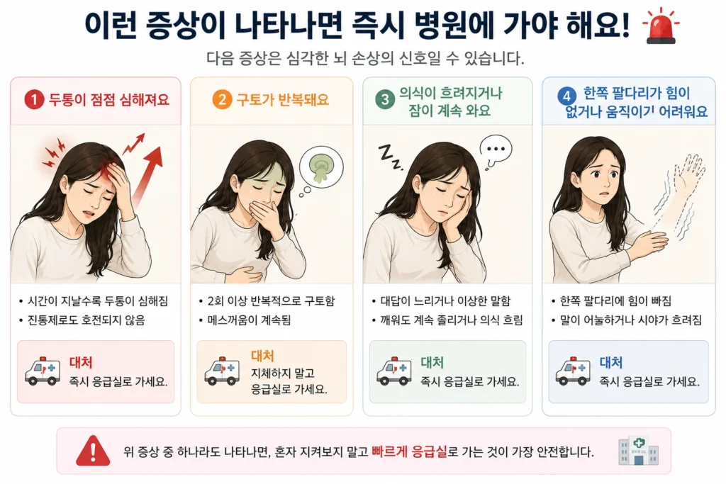 머리를 부딪힌 뒤 두통 악화, 반복 구토, 의식 저하, 한쪽 팔다리 힘 빠짐이 나타날 때 즉시 응급실로 가야 한다는 위험 신호를 네 가지로 안내하는 이미지