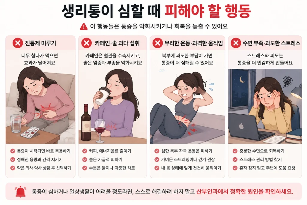 생리통이 심할 때 진통제 복용을 미루거나 카페인과 술을 과다 섭취하고, 무리한 운동을 하거나 수면 부족과 스트레스를 방치하지 않도록 안내하는 이미지