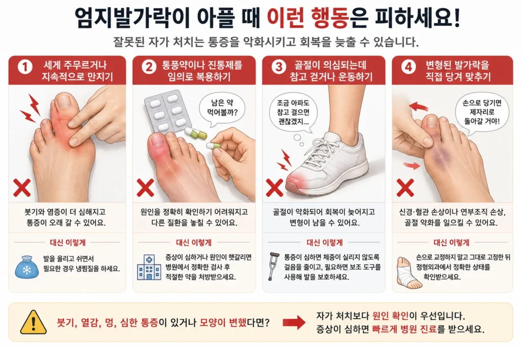 엄지발가락이 아플 때 통증 부위를 세게 주무르거나 통풍약·진통제를 임의로 복용하고, 골절이 의심되는데도 걷거나 변형된 발가락을 직접 당겨 맞추지 않도록 안내하는 이미지