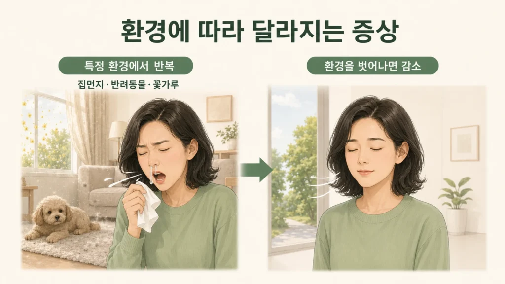 집먼지와 반려동물에 노출된 실내에서는 맑은 콧물이 나타나고 환경을 벗어나면 증상이 줄어드는 모습