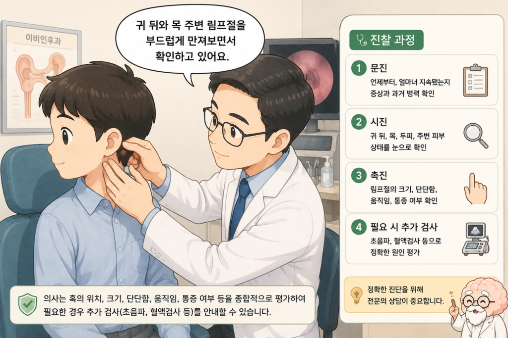 이비인후과 진료실에서 의사가 귀 뒤와 목 주변 림프절을 부드럽게 촉진하며 진찰하는 의료 일러스트