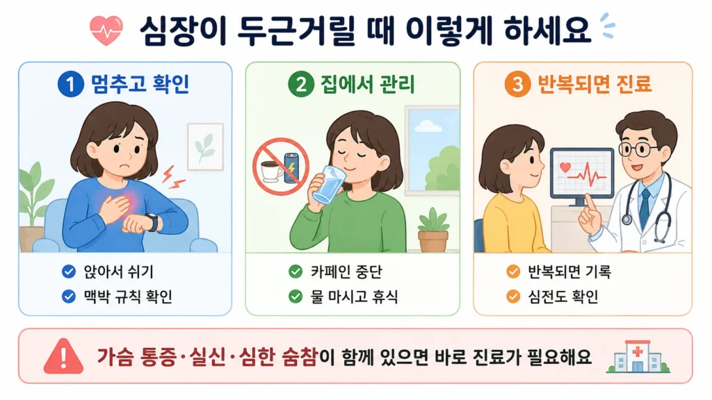 심장이 두근거릴 때 앉아서 맥박을 확인하고, 카페인을 중단한 뒤 물을 마시며 쉬고, 증상이 반복되면 기록과 심전도 검사를 위해 진료받는 과정을 3컷으로 안내한 이미지