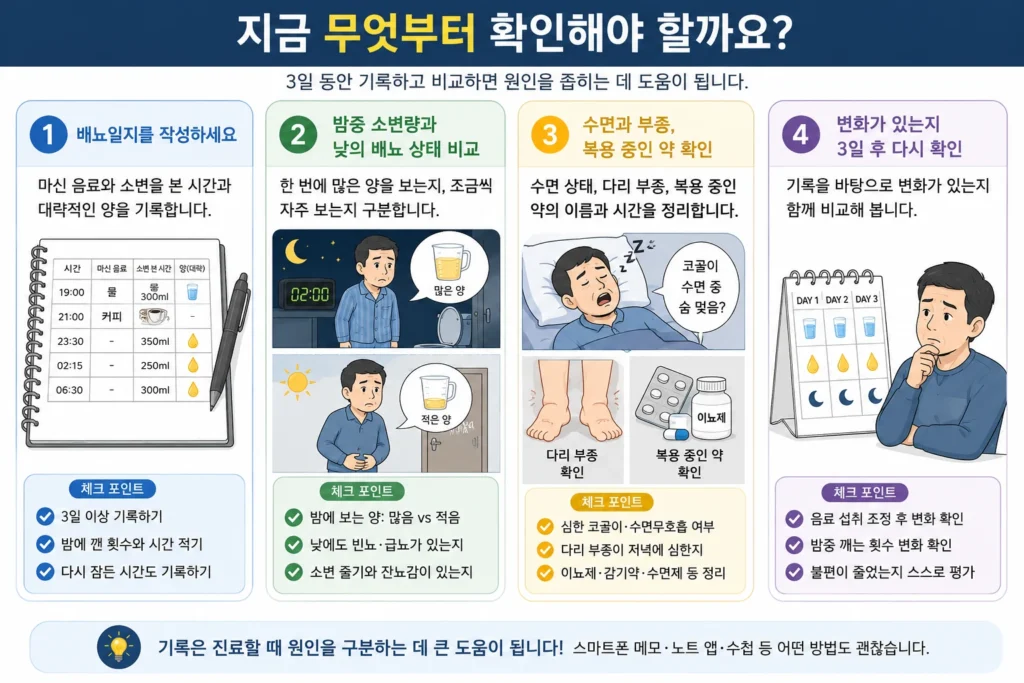 배뇨일지를 작성하고 밤중 소변량과 낮 배뇨 상태, 수면·부종·복용 약을 확인한 뒤 3일 후 변화를 비교하는 방법을 안내하는 이미지