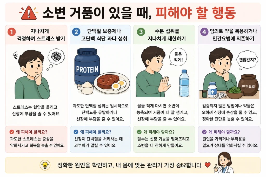 소변 거품이 있을 때 지나치게 걱정하거나 단백질을 과도하게 섭취하고, 수분을 지나치게 제한하거나 검증되지 않은 약과 민간요법에 의존하는 행동을 피하도록 안내하는 이미지