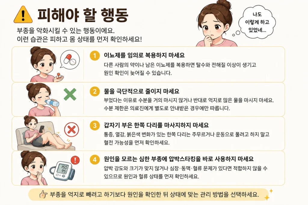 몸이 부었을 때 이뇨제를 임의로 복용하거나 물을 극단적으로 줄이고, 갑자기 부은 한쪽 다리를 마사지하거나 원인을 모른 채 압박스타킹을 사용하는 행동을 피하도록 안내한 이미지