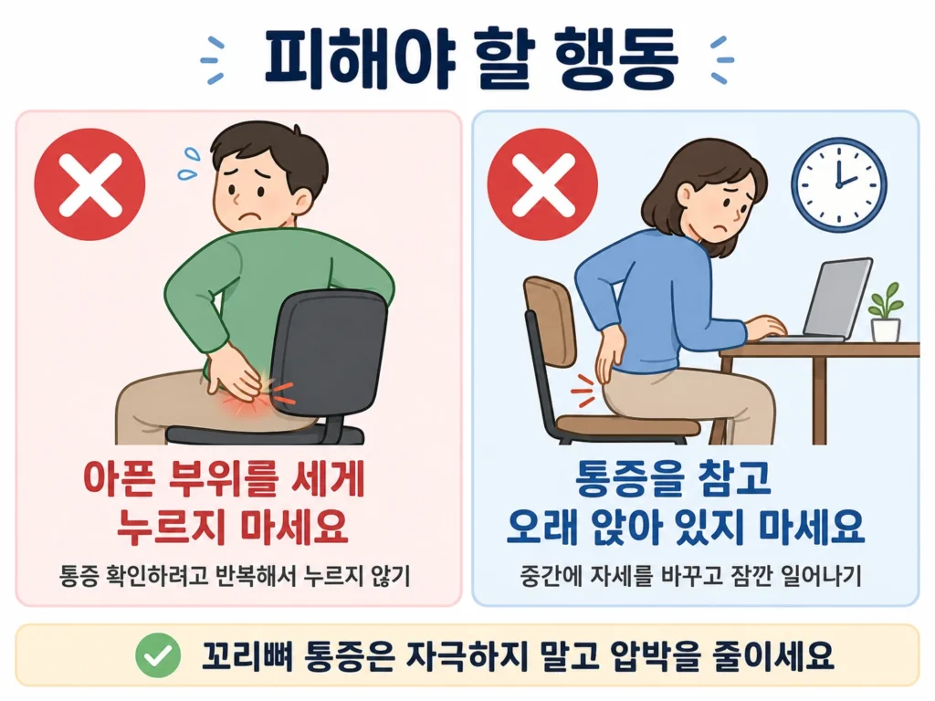 꼬리뼈가 아플 때 통증 부위를 세게 누르거나 통증을 참고 오래 앉아 있지 않도록 안내하는 2컷 이미지