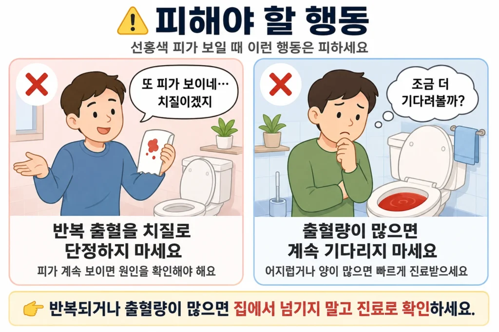 반복되는 선홍색 출혈을 치질로 단정하지 말고, 출혈량이 많거나 어지러울 때는 기다리지 말고 진료받도록 안내하는 2컷 이미지