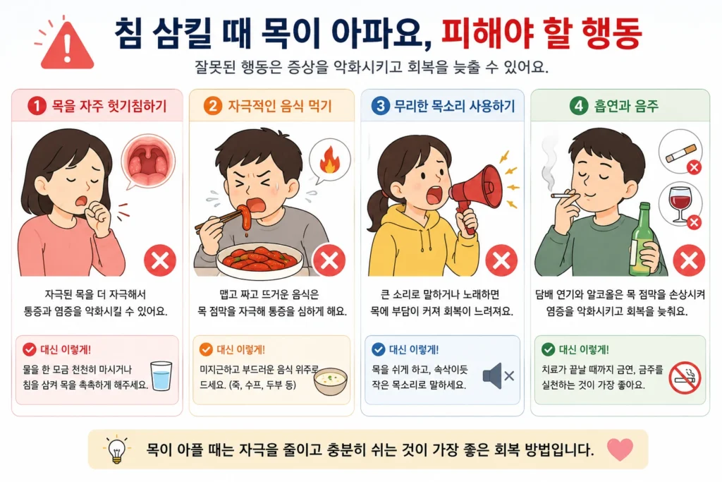 침 삼킬 때 목이 아플 때 잦은 헛기침, 자극적인 음식, 무리한 목소리 사용, 흡연과 음주를 피하도록 안내하는 이미지