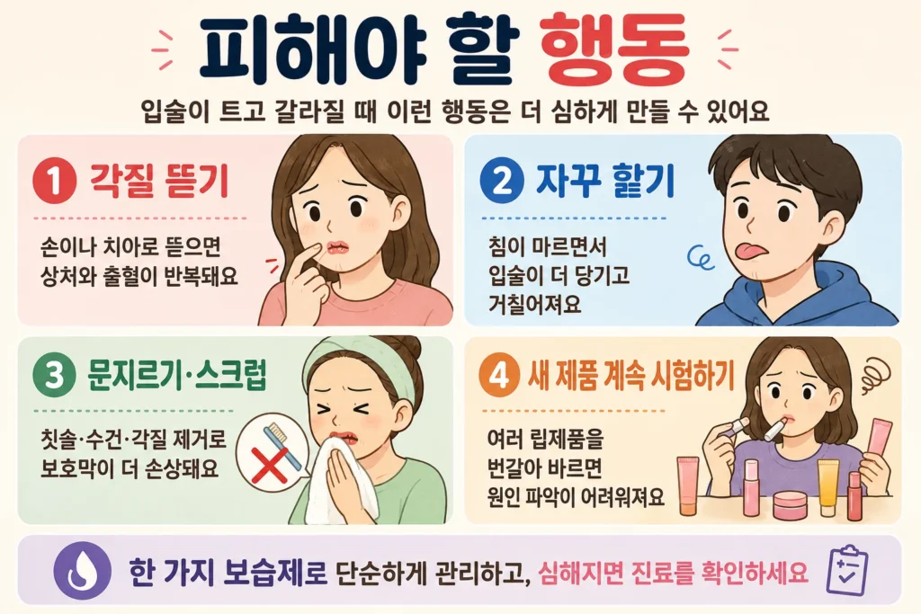 입술이 트고 갈라질 때 각질 뜯기, 입술 핥기, 문지르거나 스크럽하기, 새 립제품을 여러 개 번갈아 사용하는 행동을 피해야 한다고 설명하는 이미지