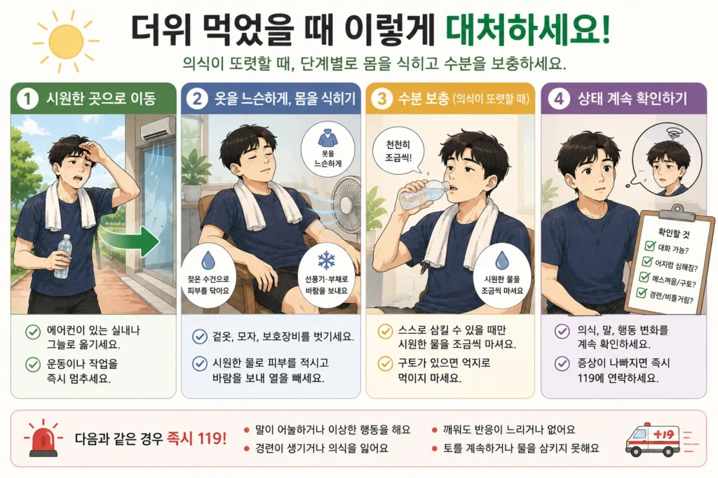 더위 먹었을 때 시원한 곳으로 이동하고 옷을 느슨하게 한 뒤 몸을 식히며, 의식이 또렷할 때만 물을 조금씩 마시고 상태가 나빠지면 119에 연락하는 방법을 설명한 이미지