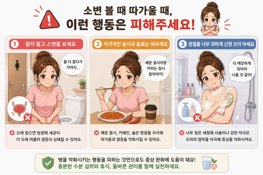 소변 볼 때 따가울 때 소변을 오래 참기, 자극적인 음식과 카페인·술 섭취, 강한 세정제로 과하게 씻는 행동을 피해야 한다고 설명하는 대표 여자 캐릭터 3컷 이미지